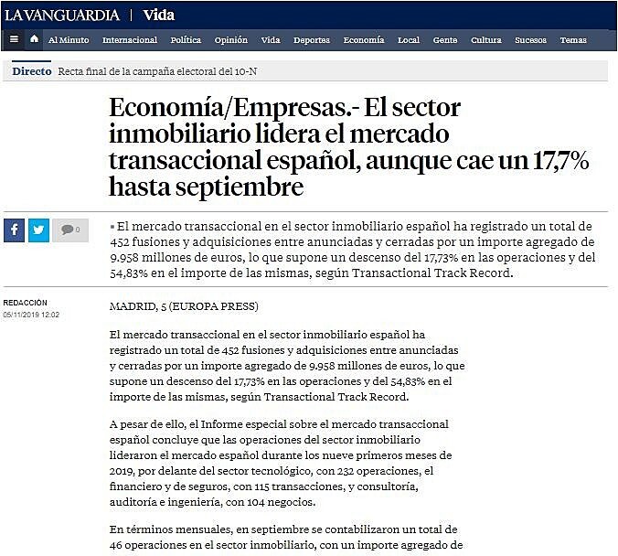 El sector inmobiliario lidera el mercado transaccional espaol, aunque cae un 17,7% hasta septiembre